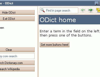 ODict screenshot, showing a modified searchpanel on the left and the ODict homepage on the right