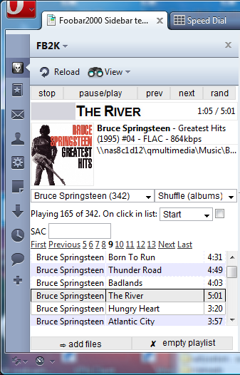 screenshot showing the foobar2000 sidebar active in Opera