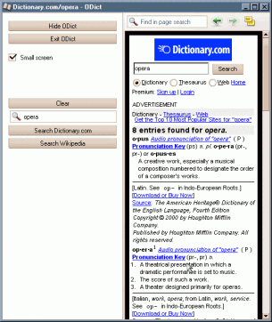 ODict screenshot, showing SSR-ized search results from Dictionary.com